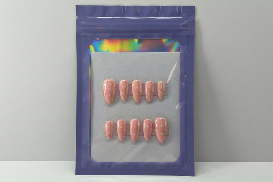 Customizable Handmade Press-on Nails White Polka-Dot design Lvl-3