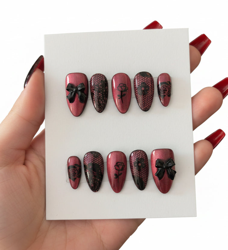 Handmade Magnetic Pink Rose design Press-on Nail set Lvl-5