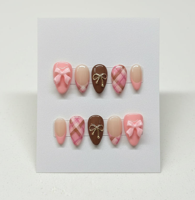 Handmade Pink and Brown 2000 inspired design Press-on Nail set Lvl-4