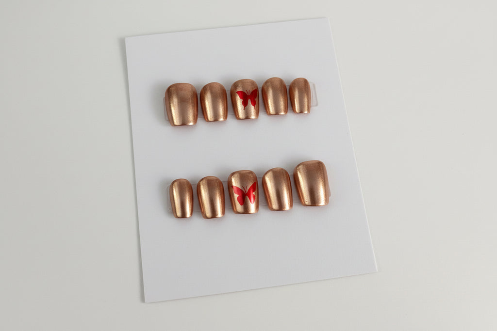 Handmade Press-on Nail Set Chrome Butterfly accent design Lvl-3