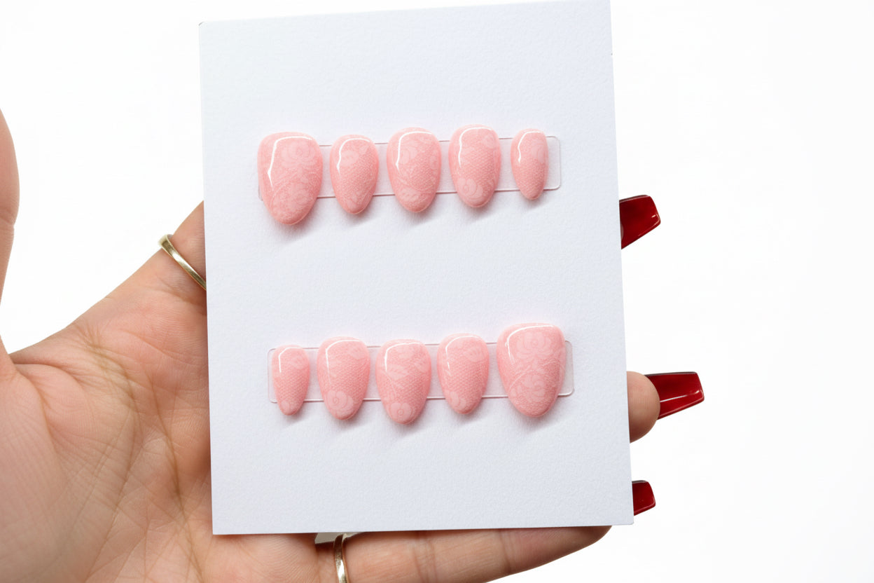 Handmade Pink with White lace design Press-on Nail set Lvl-2