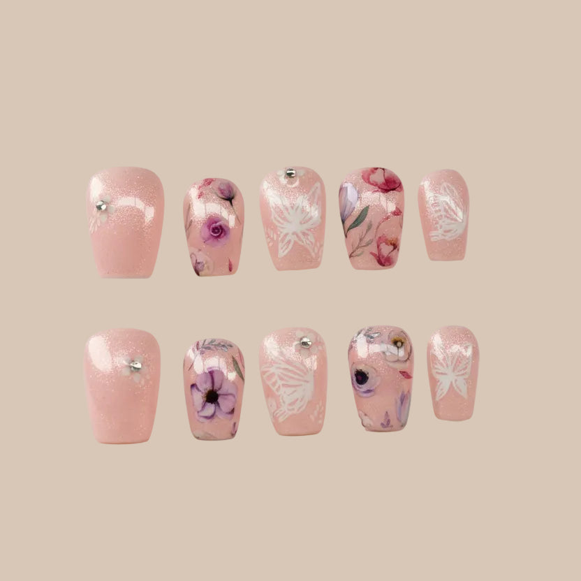 Handmade Floral Butterfly Glitter design Press-on Nails Lvl-3