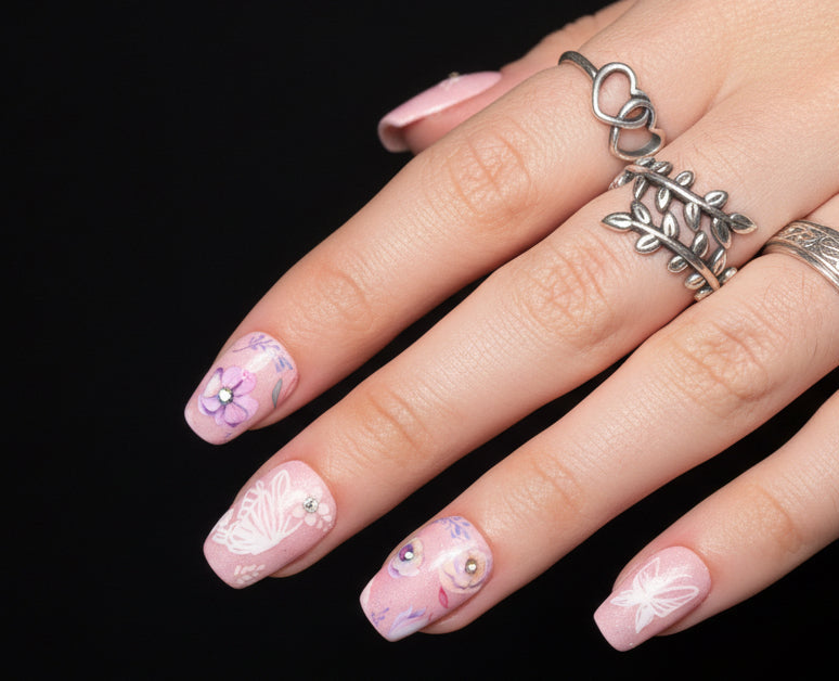 Handmade Floral Butterfly Glitter design Press-on Nails Lvl-3