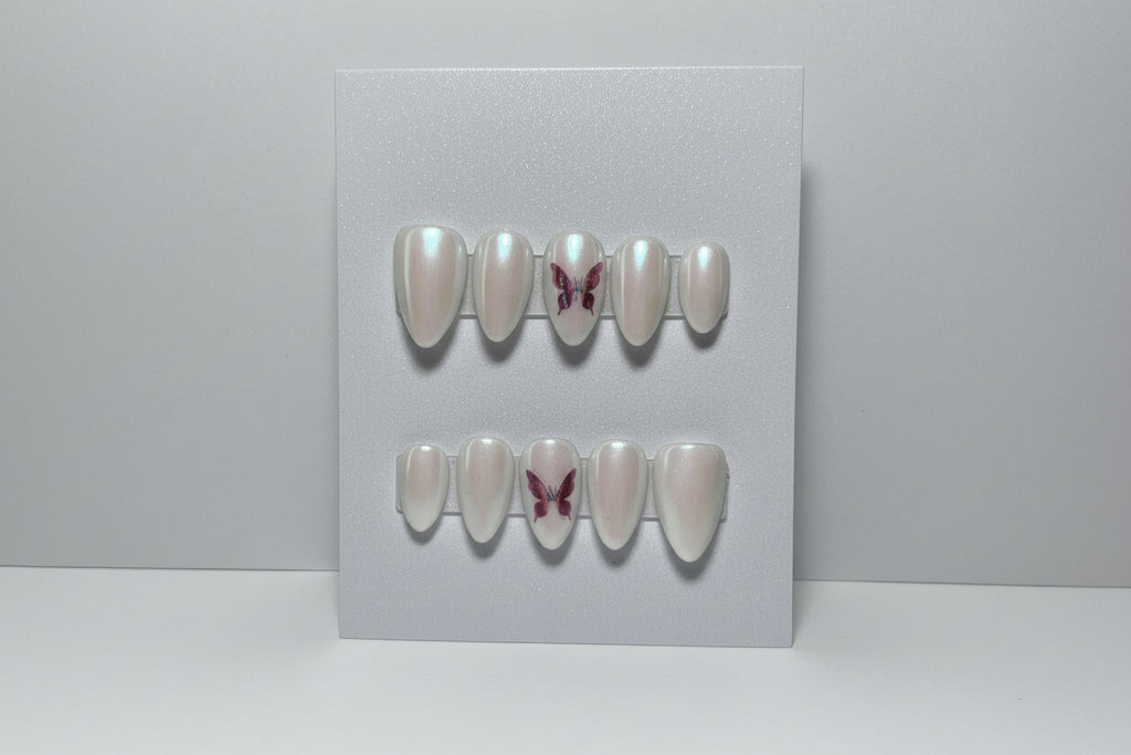 Handmade Press-on Nail Set Chrome Butterfly accent design Lvl-3