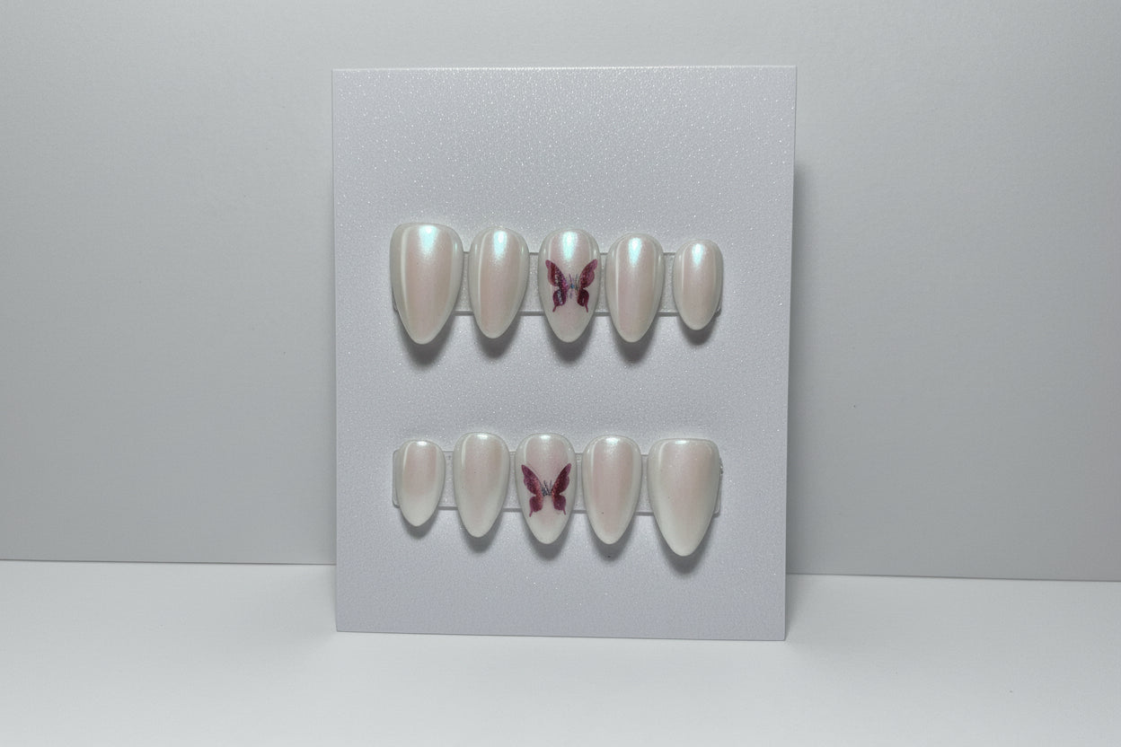 Handmade Press-on Nail Set Chrome Butterfly accent design Lvl-3