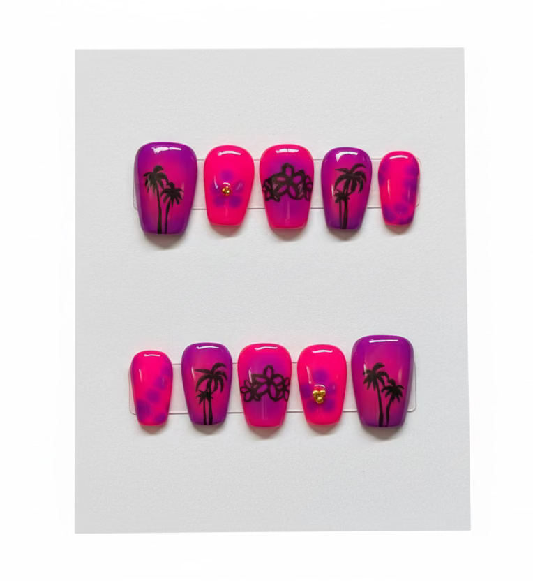 Handmade Pink and Purple Summer Palm design Press-on Nails Lvl-4