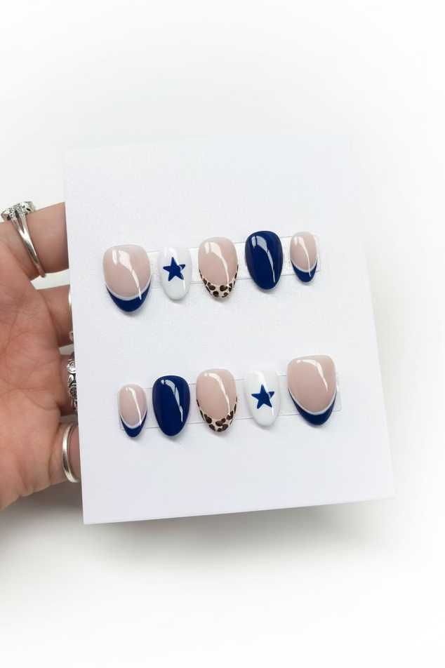 Handmade Blue French tip and cheetah print design Press-on Nails Lvl-4
